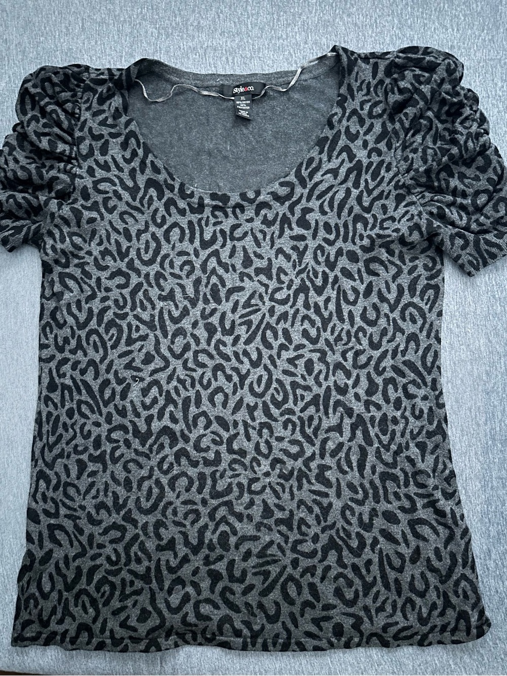 Style & Co. Gray and Black Leopard Print Short Sleeve Scoop Neck Top